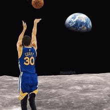 a basketball player is standing on the moon shooting a basketball towards the earth .