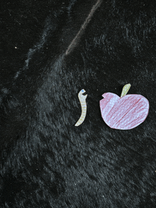 a drawing of an apple and a worm on a black furry surface