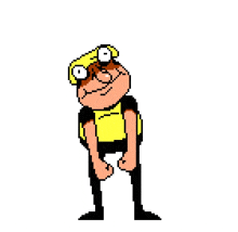 a pixel art of a cartoon character wearing a yellow hat and glasses .