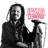 a man with dreadlocks is singing into a microphone with the name ipang lazuardi on the bottom