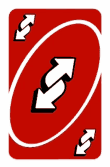 a red uno card with two white arrows on it