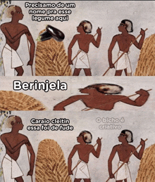 a cartoon of a group of people with the word berinjela on top