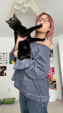 a woman with pink hair holds a black cat