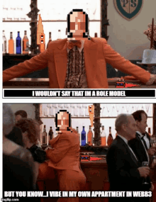 a man in an orange suit is standing in front of a bar