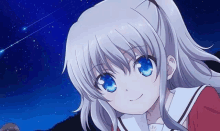 a girl with gray hair and blue eyes is smiling in front of a starry sky .