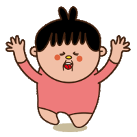 a cartoon drawing of a baby in a pink shirt with his hands in the air