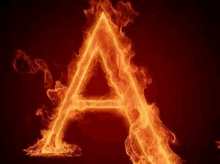 the letter a is surrounded by flames on a dark background .