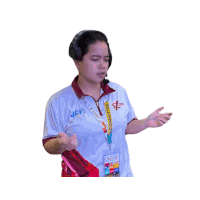 a woman wearing headphones and a lanyard with the word committee on it