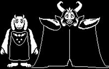 a black and white pixel art of two monsters standing next to each other on a black background .