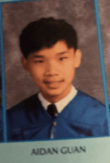 a picture of a young man with the name aidan guan on it