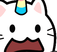 a cartoon cat with a unicorn horn and a surprised look on its face