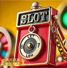 a red and gold slot machine with a key chain