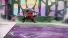 a cartoon character is standing on a purple rug in a room with a rainbow background .