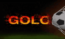 a soccer ball in a net with the word golo in flames