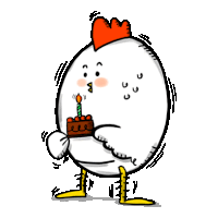 a chicken is holding a birthday cake with a candle in it .