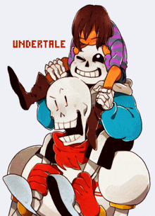 a cartoon of a girl riding on the back of a skeleton with the word undertale below them