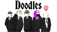 a group of men in suits are standing in front of a sign that says doodles you are here