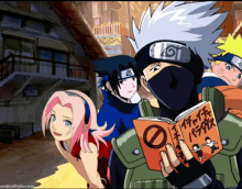 a group of anime characters are posing for a picture and one of them is holding a book with chinese writing on it