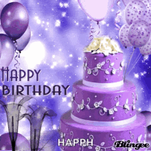 a birthday card with a purple cake and balloons says happy birthday