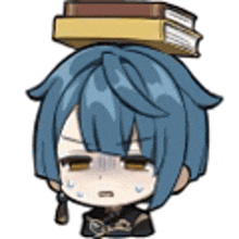 a chibi character with blue hair is holding a stack of books on his head .