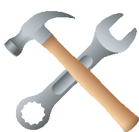 a hammer and wrench are crossed over each other