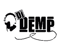 a black and white logo for dj demp with headphones on a white background