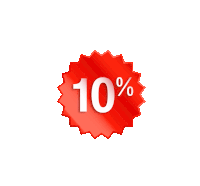 a red sticker that says 10 % on a white background