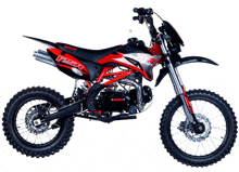 a red and black dirt bike that says t25r