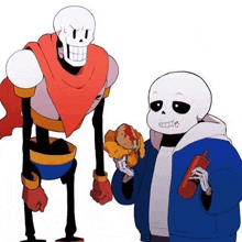 papyrus and sans are eating hamburgers and ketchup .