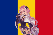 a girl with a sword is standing in front of a flag