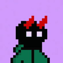 a pixel art drawing of a black monster with red horns