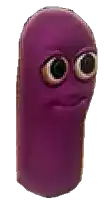 a purple cartoon character with big eyes is smiling