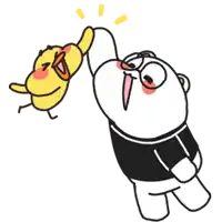 a cartoon of a panda holding a yellow chicken in his hand .