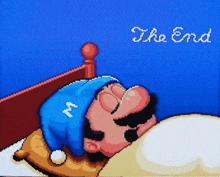 a pixel art drawing of a man sleeping with the words the end written above him