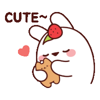 a cartoon rabbit with a strawberry on its head and the word cute