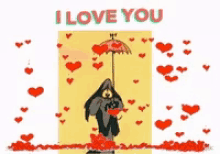 a cartoon of a wolf holding an umbrella with the words " i love you " below it