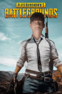 a man in a white shirt and tie is holding a gun in front of a poster for playerunknown 's battlegrounds