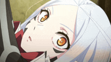 a girl with white hair and orange eyes looks up at something