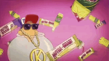 a cartoon character wearing sunglasses and a gold chain is holding a bar of nutra-grain candy