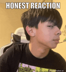 a boy with a shirt that says honest reaction on it