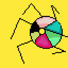 a pixel art drawing of a colorful bug with a yellow background