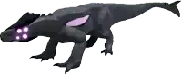 a gray dinosaur with purple eyes and a purple tail