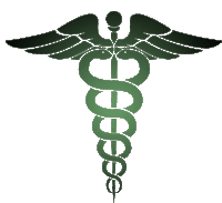 a green caduceus medical symbol with wings and snakes