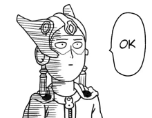 a black and white drawing of a man with a hat and a speech bubble that says ok .