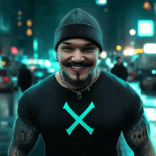 a man wearing a beanie and a black shirt with a green x on it