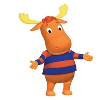 a cartoon moose is wearing a blue and red striped shirt .