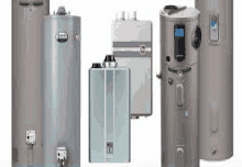 a group of water heaters are sitting next to each other on a white surface .