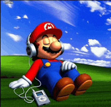 a cartoon of mario wearing headphones and holding an mp3 player