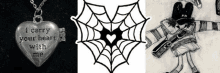 a necklace that says i carry your heart with me next to a spider web