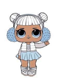 a drawing of a lol doll wearing ear muffs and a blue skirt .